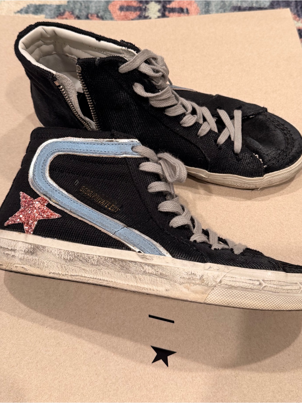 Golden Goose Slide Black Denim And Suede With White Leather